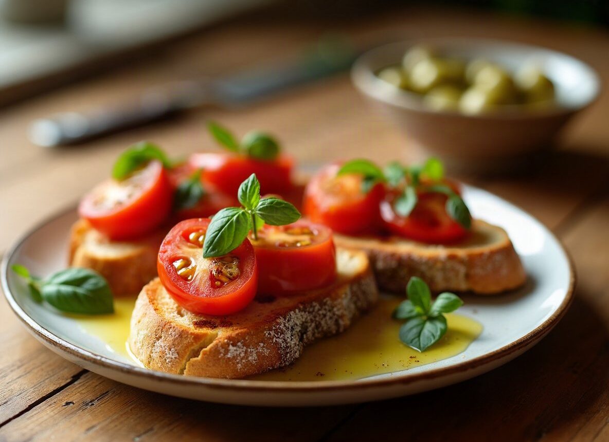 Bruschetta s cherry paradajkami, bazalkou a olivovým olejom